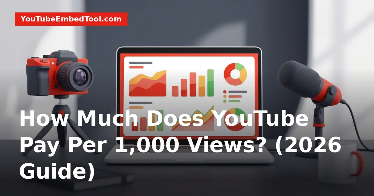 A laptop screen showing YouTube Studio revenue analytics and RPM metrics on a creator desk