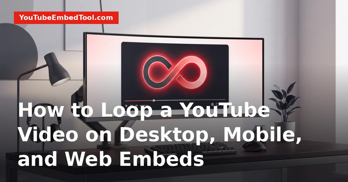 A computer monitor displaying a YouTube video player with an illuminated repeat loop icon.